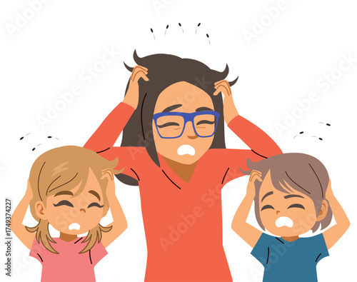 Family suffering from an infestation with parasites. Mother, daughter and son with lice problems on hair