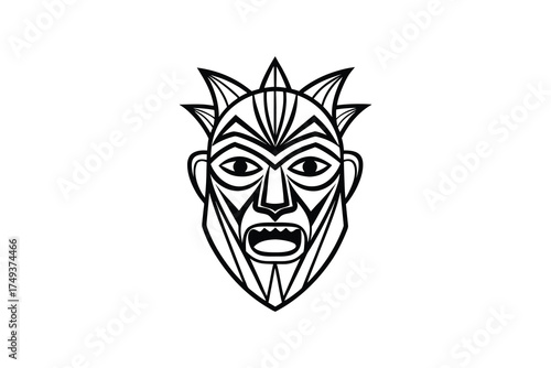 Intricate tribal mask design with sharp features a bold black silhouette