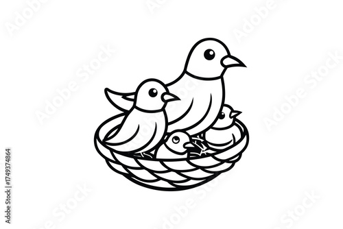 A mother bird with baby chicks nestled in a woven basket silhouette