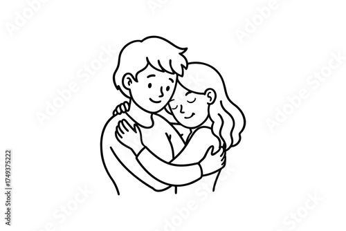 A loving couple embracing tightly a simple black and white silhouette