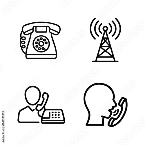 Vintage and Modern Communication Icons with Radio Tower and Person rotary phone telephone