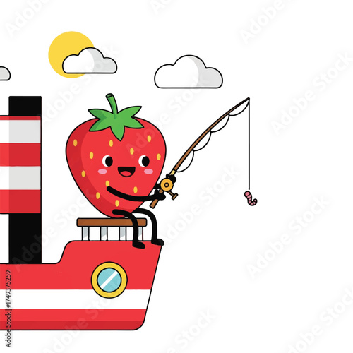 A cheerful strawberry character sits on a red steamboat, fishing with a worm bait under a sunny sky.