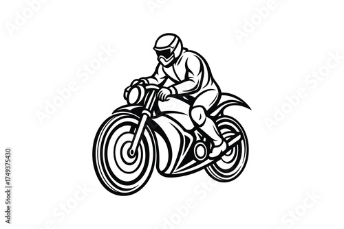 Motorcycle rider in action detailed sketch style black and white silhouette