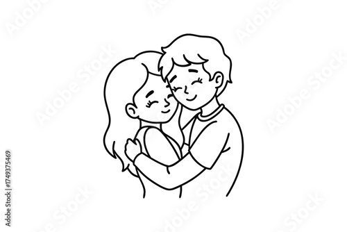 A tender sketch depicts a couple embracing warmly a charming silhouette