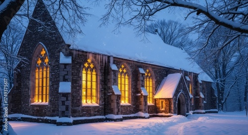 A Serene Winter Evening Snowfall Illuminates A Charming Stone Church Exterior With Warm Glowing Windows