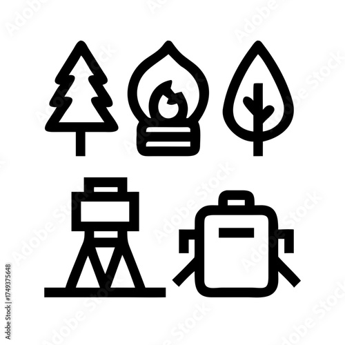 Camping gear, including a tree and a backpack