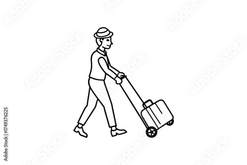 A traveler with luggage walking down a road black and white silhouette