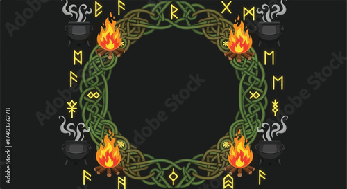 An intricate Celtic knot wreath surrounds a dark center, adorned with runic symbols, crackling fires, and steaming cauldrons.