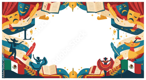 Colorful illustration featuring theatrical masks, books, dancers, feathers, and Mexican flags arranged around a central white space, creating a cultural frame.