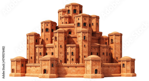 Photography Isolated clay castle illustration, fantasy building architecture of brown towers