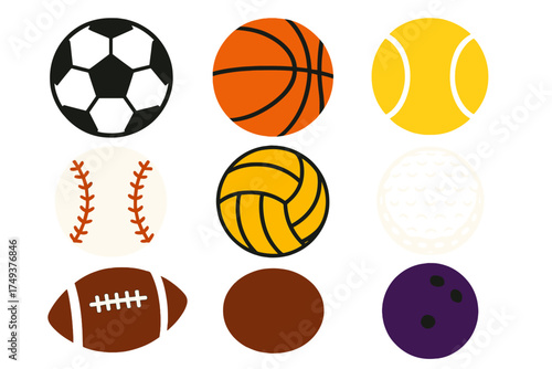 Assortment of athletic game balls including soccer basketball tennis baseball and bowling