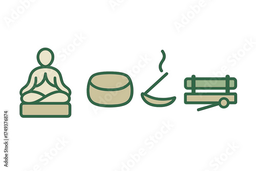 Spiritual wellness symbols including meditation pose, singing bowl, incense, and yoga mat elements
