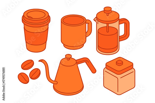 Isometric set of essential coffee making and serving equipment including a French press and gooseneck kettle