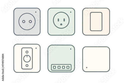 Modern smart home interface icons set featuring electrical outlets switches and control panels