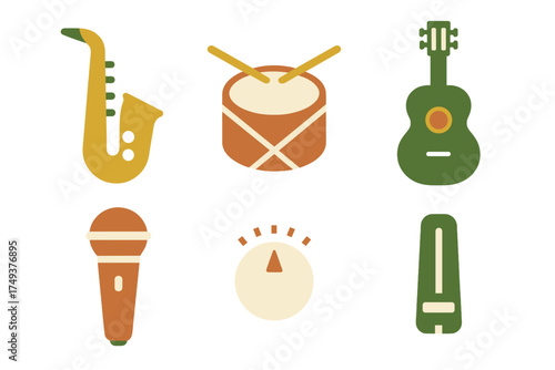 Set of stylized music icons including saxophone drum guitar microphone and sound level dial