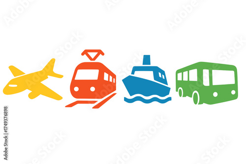Colorful set of major transportation modes: aircraft, railway, marine vessel, and road bus