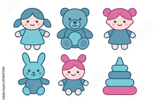 Cute collection of baby toys including dolls, stuffed animals, and stacking rings in blue and pink