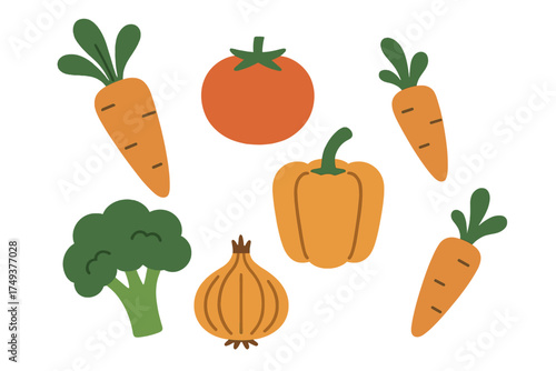 Assortment of fresh organic vegetables including carrots, tomato, broccoli, onion, and bell pepper
