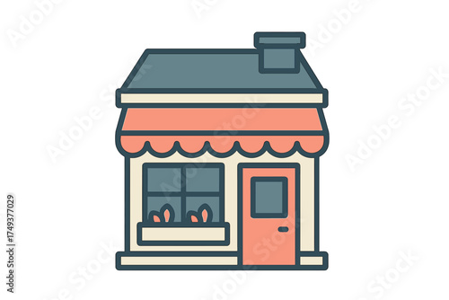 Stylized icon of a small retail store building featuring a striped awning and front door