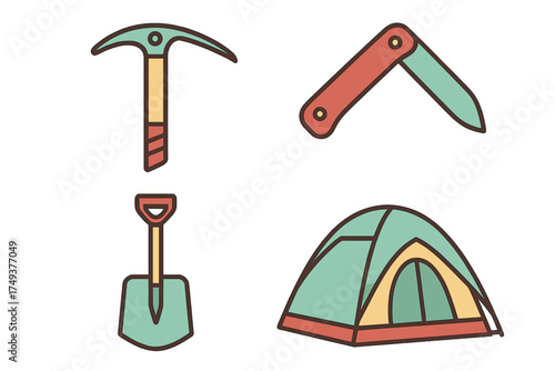 Outdoor adventure gear collection with tent, pickaxe, folding knife, and small shovel tools