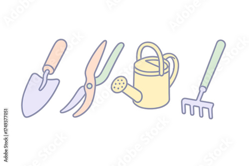 Collection of essential gardening tools in soft pastel colors including trowel shears watering can and rake