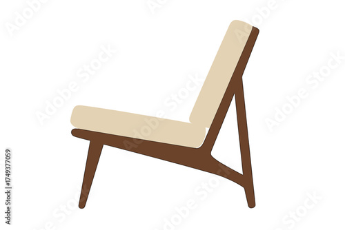 Stylish mid-century modern lounge chair with wooden frame and beige cushions isolated on white background