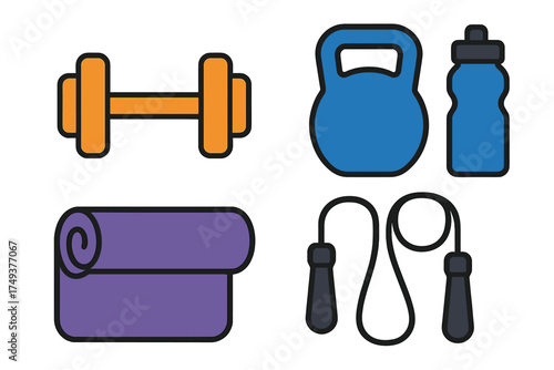 Essential fitness equipment collection featuring dumbbell kettlebell yoga mat and jump rope