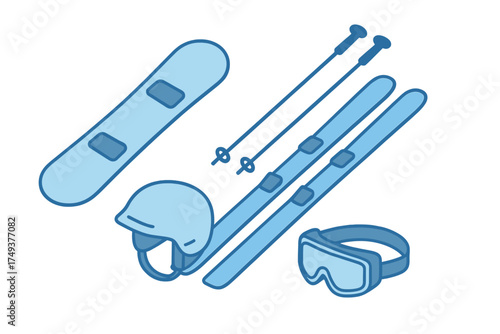 Set of winter sports equipment including skis, snowboard, helmet, goggles, and poles