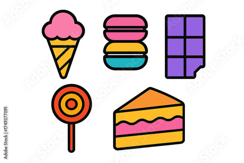 Vibrant collection of sweet desserts and sugary snacks including ice cream, cake, and candy