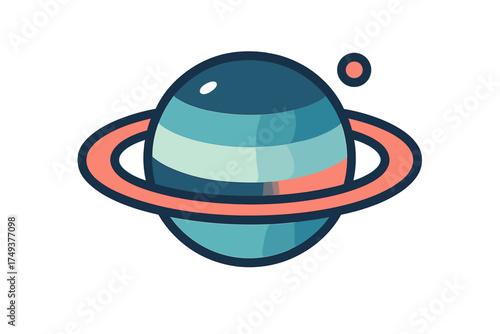 Abstract cosmic planet with prominent rings and a small orbiting moon isolated on white