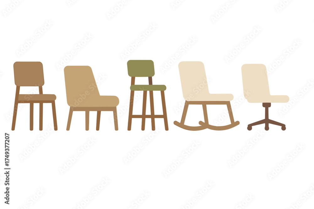Fototapeta premium Assortment of contemporary seating options featuring dining chairs, lounge seats, bar stools, and rocking chairs