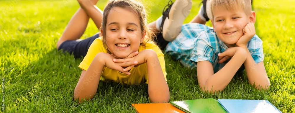 Fototapeta premium Happy child sitting on the field holding tablet. Boy sitting on the grass on sunny day. Home schooling or playing a tablet