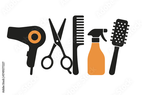 Professional hair salon equipment set including scissors, comb, hairdryer, and spray bottle