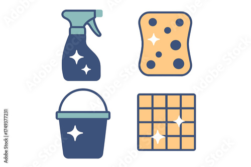 Essential household cleaning tools set with spray bottle, sponge, bucket, and sparkling tiled surface