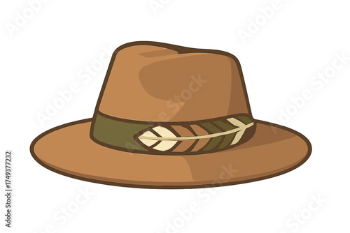 Classic brown fedora hat featuring a wide brim and a stylized feather band design