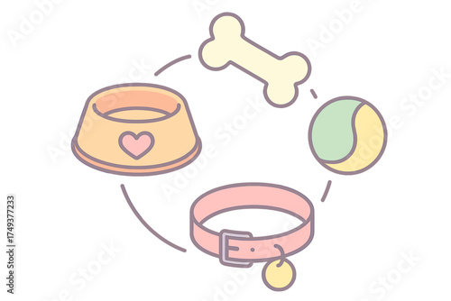 Pastel colored set of essential pet care items including food bowl bone collar and toy ball