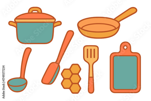 Essential kitchen cooking utensils and tools set including pot, pan, ladle, and cutting board