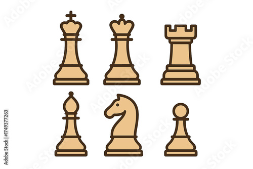 Classic set of six chess pieces: king, queen, rook, bishop, knight, and pawn