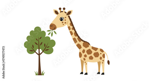 Cartoon Giraffe Eating Leaves from a Tree.