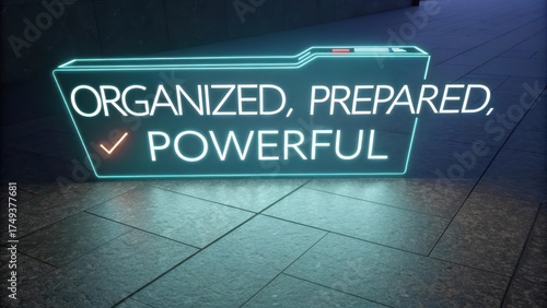 Neon Sign with Words Organized Prepared and Powerful on Background