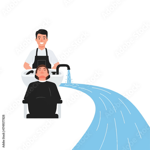 A barber washes a client's hair in a salon sink, with water flowing out.
