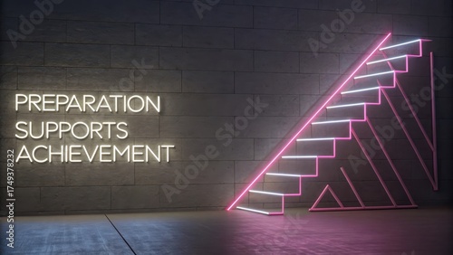 Neon Stairs with Inspirational Quote on Wall in Modern Interior Space
