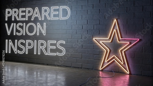 Neon Star and Inspirational Quote on Modern Wall Background
