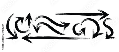 Grunge Brush Stroke Arrows Collection: Hand-Drawn Black Ink Directional Symbols Set for Navigation, Sketchy Design, and Urban Art