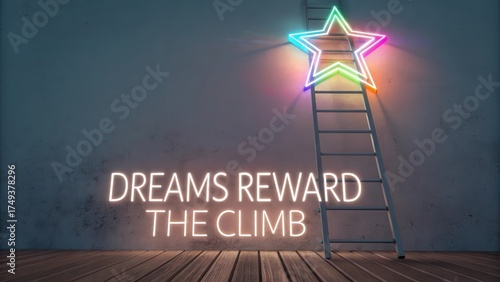 Neon Star Display with Inspirational Quote on Wall and Ladder