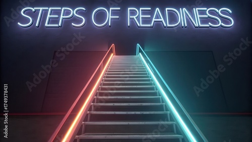 Neon Steps of Readiness for Progress and Innovation Concept