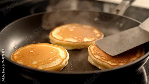 Three golden brown pancakes cooking and steaming in a hot non-stick frying pan, being flipped with a spatula. Delicious breakfast food preparation footage.