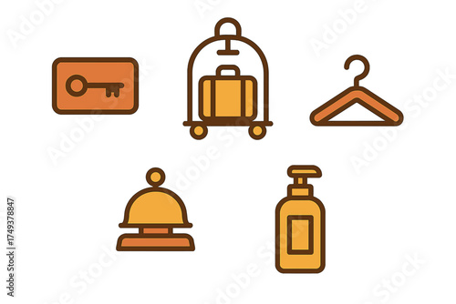 Set of essential hospitality and travel symbols including key card luggage cart and service bell