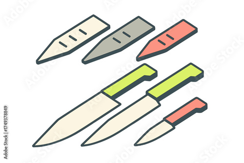Set of stylized kitchen knives and sharpening tools arranged diagonally on white background