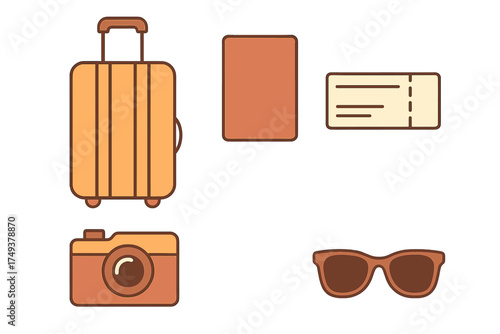 Set of essential travel accessories including luggage, passport, boarding pass, camera, and sunglasses